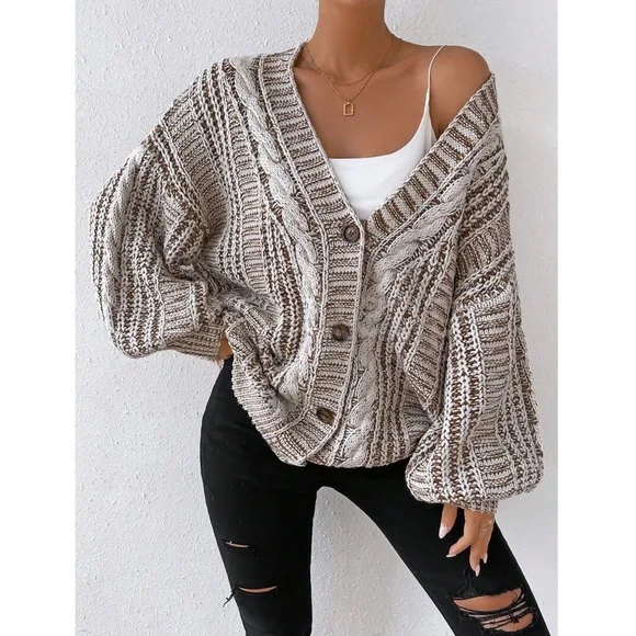 Oversized Mocha Brown Cable Knit Cardigan Long Sleeves Hip Length Buttoned - Picture 2 of 12